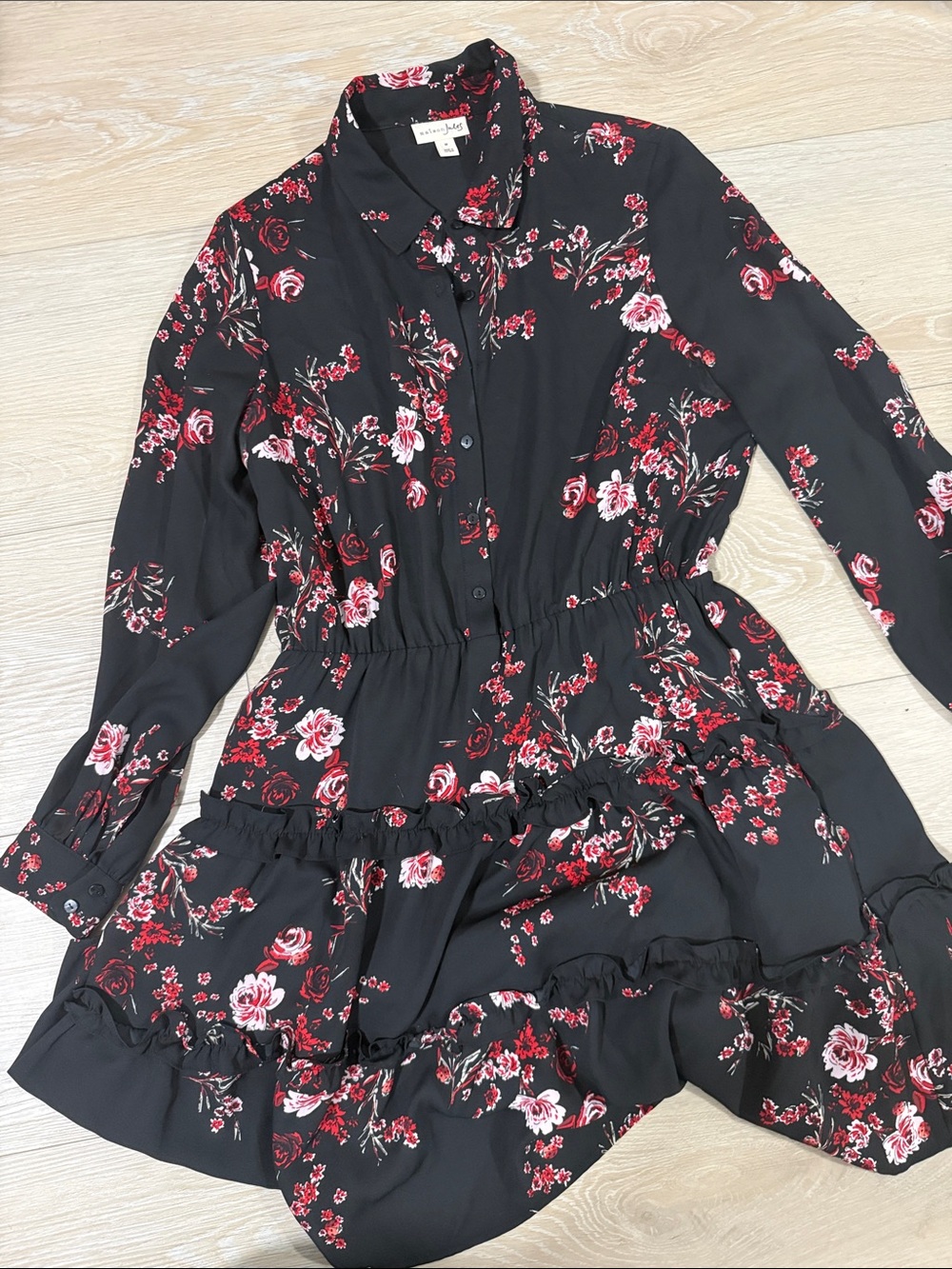 Maison Jules Black Floral Button-Up Tiered Dress
